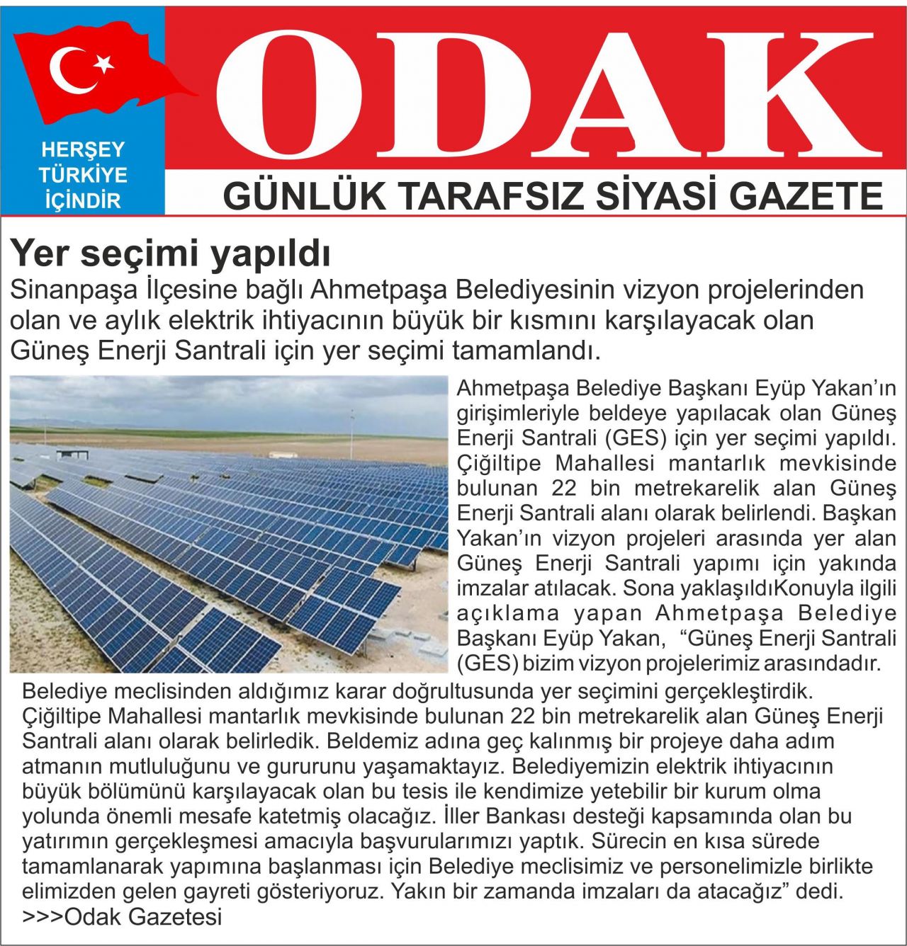 Ahmetpaşa, Güneş Enerji Santrali